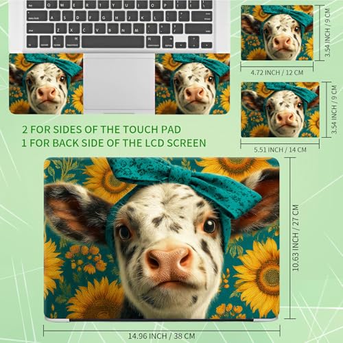 Laptop Skin Sticker Decal, Universal Protective Cover Fit 12 13 14 15.6 Inch Notebook, Reusable Water-Resistant Vinyl Decal w/ 2 Wrist Pads for Business Travel Office, Cow Sunflower - color: Cow Sunflower