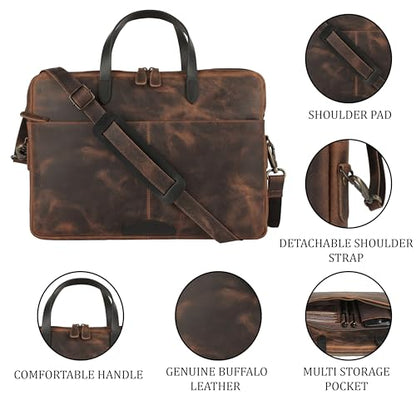 KomalC Leather Laptop Sleeve 15.5" with Trolley Strap, Fits up to 16" Laptop, Slim Office Bag with Shoulder Strap - color: Hunter