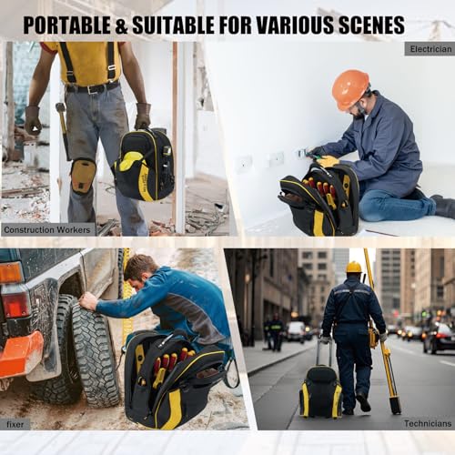 MELOTOUGH Rolling Tool Bag with Telescoping Handle 35 Pockets Wheeled Electrician Backpack Tool Bag For Men,Water Resistant Tool Storage Organizer Including Laptop Sleeve (Yellow） - color: Yellow
