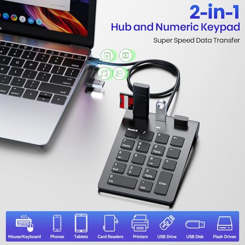 2-in-1 Number Pad & USB Hub with USB-C and USB-A Cables, 15° Ergonomic Wired Numpad with 3 USB 2.0 Ports , Number Keypad for Laptop/iPad/MacBook/PC/Windows/MacOS,No Adapter Needed USB Number Keypad - color: Black