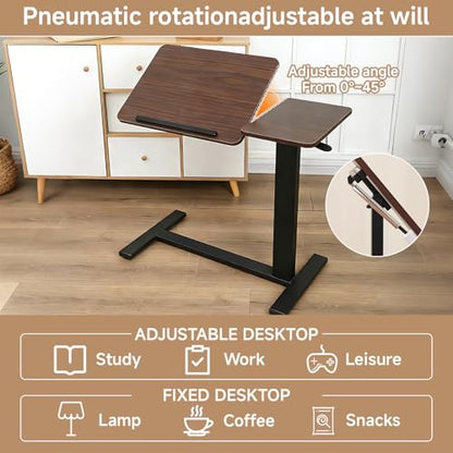 Overbed Bedside Desk with Hidden Wheels, Height Adjustable Rolling Laptop Stand, Tilting Over Bed Table for Bed Sofa, Mobile Bedside Table,Walnut - color: Walnut, style: Basic