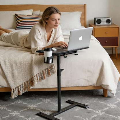 YUHFERA Rolling Table for Laptop Stand, Height and Angle Adjustable Over Bed Table with Wheels, Tilt-Top Laptop Desk for Couch with Cup Holder, Bed Table Tray for Eating (Black) - color: Black