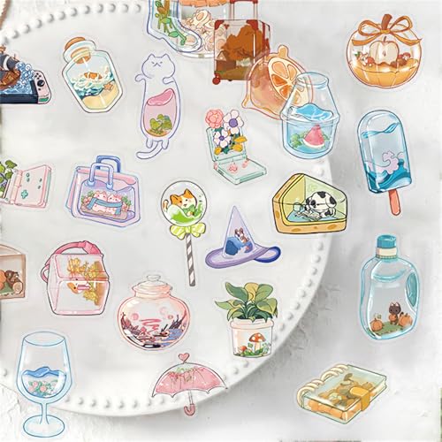 Summer Cartoon Bottles 50 Pcs Transparent PET Stickers - Waterproof handbooks for Cute,Materials - Sticker Art Pieces for Scrapbook Journal Planner Water Bottles Phone Cases Laptops (colourful-B12) - color: Colourful-b12