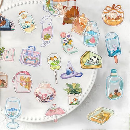 Summer Cartoon Bottles 50 Pcs Transparent PET Stickers - Waterproof handbooks for Cute,Materials - Sticker Art Pieces for Scrapbook Journal Planner Water Bottles Phone Cases Laptops (colourful-B12) - color: Colourful-b12