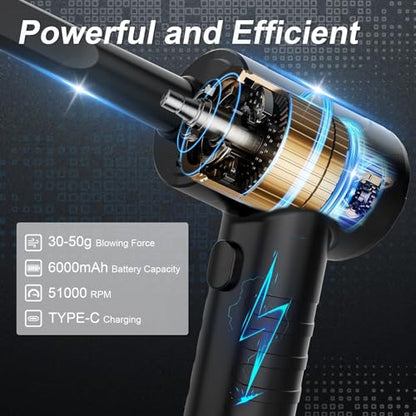 Portable Air Blower, Compressed Air Duster 3 Gear 51000RPM 6000mAh Rechargeable Cordless Electric Air Duster with LED Light & Air Pump for Computer Laptop PC Keyboard PS5 -Replace Compressed Air Can