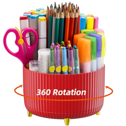 Marbrasse Desk Organizer, 360-Degree Rotating Pen Holder for Desk, Desk Organizers and Accessories with 5 Compartments Pencil Organizer, Art Supply Storage Box Caddy for Office, Home (Red) - color: Red