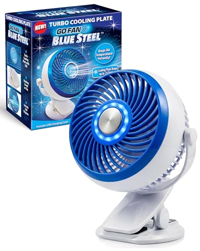 Spark Innovators Go Fan Blue Steel Portable Desk Fan with Cooling Plate, Cordless & Rechargeable – 360° Oscillating with Active Cooling Technology, USB Charging, for Home, Outdoor Camping & Travel