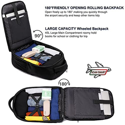 Rolling Backpack, Large Backpack with Wheels for Men Women Adults, 17inch Waterproof Wheeled Travel Laptop Backpack Carry on Luggage Bag Trolley Suitcase Business College School Computer Bookbag,Black - color: Black, size: 17 Inch