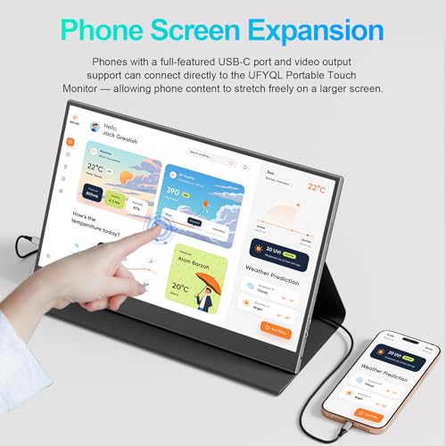 UFYQL 10-Point Touch Portable Monitor, 15.6" 1080P FHD IPS Screen, Aluminum Alloy Body with Smart Protective Cover, Dual USB-C & Mini HDMI Ports, VESA Mount Holes, for Laptop, PC,Phone