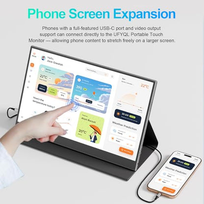 UFYQL 10-Point Touch Portable Monitor, 15.6" 1080P FHD IPS Screen, Aluminum Alloy Body with Smart Protective Cover, Dual USB-C & Mini HDMI Ports, VESA Mount Holes, for Laptop, PC,Phone