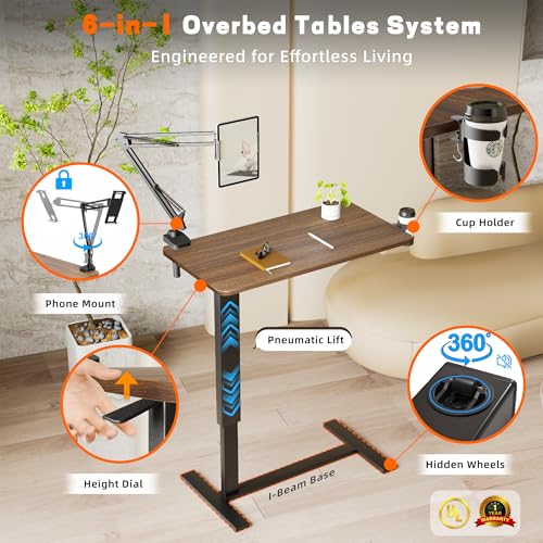 Overbed Table with Wheels, Adjustable Medical Bedside Table, Wood | Alloy steel frame, rubber wood top, cup holder & phone stand, hook, H-base, hydraulic 25.6-37.1", quiet casters, easy-clean - color: Wood Color