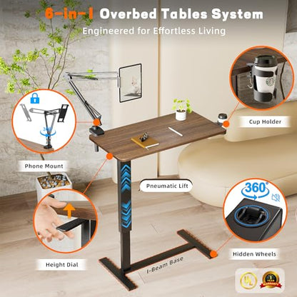Overbed Table with Wheels, Adjustable Medical Bedside Table, Wood | Alloy steel frame, rubber wood top, cup holder & phone stand, hook, H-base, hydraulic 25.6-37.1", quiet casters, easy-clean - color: Wood Color