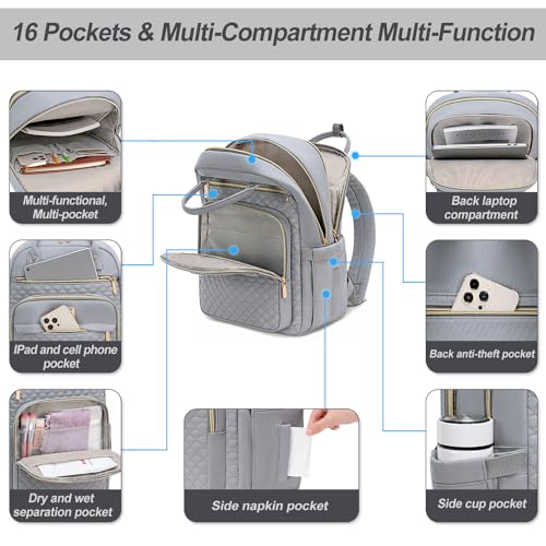 Tealari Laptop Backpack for Women,15.6 Inch Laptop Backpack for Work,Water Resistant Travel Backpack,College Bookbag with Wallet - color: Gray