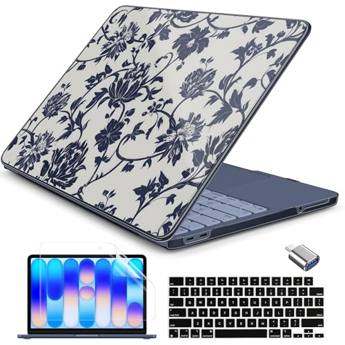 Batianda Case for MacBook Neo 13 Inch 2026 Model A3404, Navy Floral Vine | 4-in-1 Laptop Accessories Bundle with Navy Floral Design, Slim Hard Shell for Students, Office Users and Classic Style Fans - color: Navy Floral