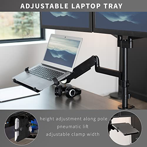 VIVO Laptop and Dual 17 to 32 inch Monitor Pneumatic Arm Mount, Fits 2 Flat or Curved Computer Screens and 10 to 15.6 Inch Notebooks, Laptop Tray, C-clamp, Grommet Mounting Base, Black, STAND-V003KL