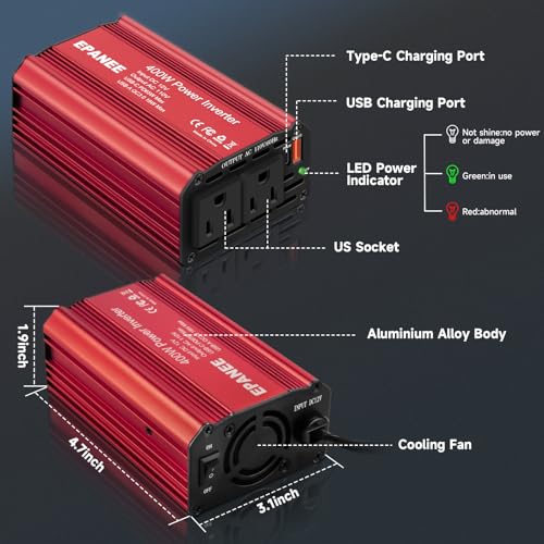 400W Power Inverter 12V DC to 110V AC, Car Charger Plug in Adapter Outlet with PD 65W USB-C&QC 18W Port, Portable Power Converters for Laptop Vehicles Camping Road Trip Essentials Adults - color: RED