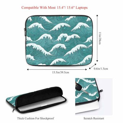 Laptop Sleeve Bag 15.4 15.6 Inch,Sea Wave Japanese Style Water Green Protective Polyester Computer Cases Laptop Cover Briefcase Bag Tablet Travel Cover - color: LPS-023