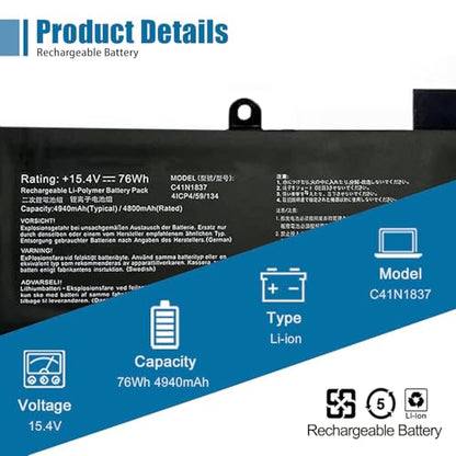 C41N1837 Laptop Battery Replacement for Asus ROG Zephyrus GA502DU GA502GU GU502DU GU502GU GU502GV GU532GU GU532GV GX502GV GX502GW Series Notebook 0B200-03380100 - size: 11.29*3.57*0.33 inch C41N1837