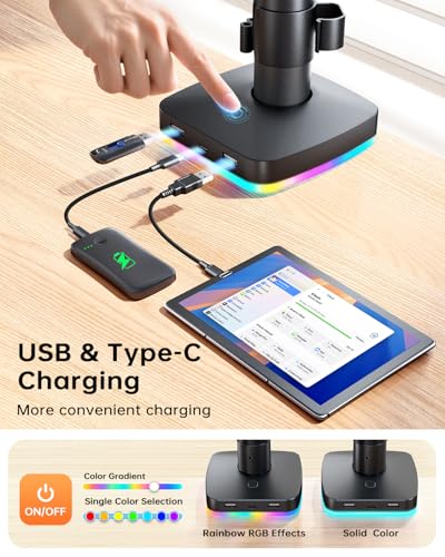 RGB Monitor and Laptop Mount Stand with 3 USB Ports, Charging and USB Data Transfer, Adjustable laptop stand for 13" to 32" Screen and 11"-17” Laptop, Holds 18lbs/Arm, 75x75/100x100 VESA, C-Clamp