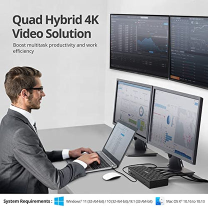 SIIG DisplayLink USB-C Dock, Quad 4K60Hz, 100W PD, 2.5GbE, JU-DK0Q11-S1 | Drive four 4K60 displays through DisplayLink; 100W PD, USB expansion and 2.5GbE support dense professional workstations. - style: Quad 4K Display