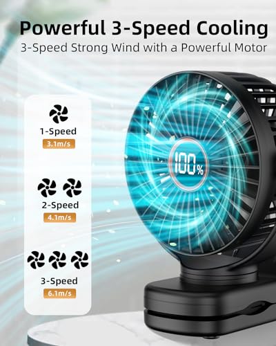 buywoo Portable Mini Personal Fan, Small Rechargeable Battery Powered Stroller Fan for Desk, Strong Clamp Grip, 360° Rotation, 3-Speed, LED Display, Clip On Cooler for Bed, Golf Cart, Office, Black - color: Black