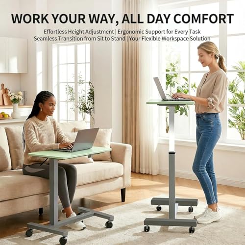 Adjustable Overbed Table with Wheels, Pneumatic Height Lift Rolling Bedside Table, Standing Desk for Home & Office Use, Ideal for Seniors & Limited Mobility (Light Green) - color: Light Green