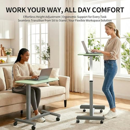 Adjustable Overbed Table with Wheels, Pneumatic Height Lift Rolling Bedside Table, Standing Desk for Home & Office Use, Ideal for Seniors & Limited Mobility (Light Green) - color: Light Green