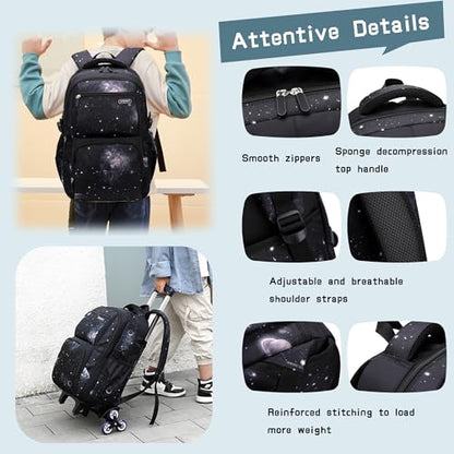3Pcs Galaxy Boys Rolling Backpack Set with Lunch Bag, Galaxy Print Kids Backpack for Boys with Wheels - color: 3pcs-galaxy-black+blue