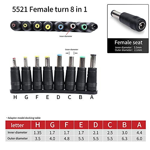 QIANRENON 8-in-1 Universal DC Power Adapter Converter Multi-Gauge DC Power Supply Plug 5.5mm x 2.1mm Female to Male Adapter with DC 5.5 x2.1mm Black Tuning Fork Cable (22cm)