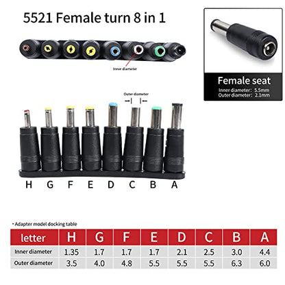 QIANRENON 8-in-1 Universal DC Power Adapter Converter Multi-Gauge DC Power Supply Plug 5.5mm x 2.1mm Female to Male Adapter with DC 5.5 x2.1mm Black Tuning Fork Cable (22cm)