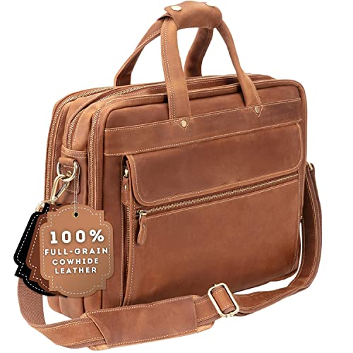 Luxorro Full Grain Leather Briefcase for Men, Light Brown, 17"(W) x 13"(H) x 5"(D), Fits 15.6 Inch Laptop - color: Light Brown, size: 15.6 Inch