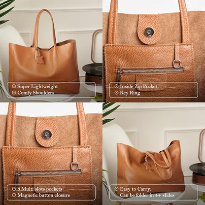Italian Leather Tote Bag for Women - Large Shoulder Shopper, Fits 16” Laptop, Keychain Holder, Made in Italy - color: Dark Brown