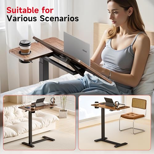 Okin Overbed Bedside Table with Wheels, Adjustable Medical Tilt Top Hospital Bed Table Over The Bed, Rolling Desk Mobile Standing Desk for Hospital Home Use (Walnut) - color: Walnut