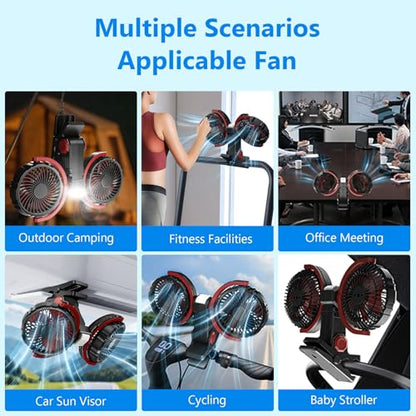 Dual Head Clip on Fan Battery Powered with Light,Portable USB Rechargeable Powerful Desk Table Fans,360°Rotation Cooling Clamp Fans for Car,Golf Cart,Treadmill,Kitchen,Outdoor Travel Camping(Black) - color: Black