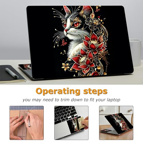Universal Laptop Skin Sticker with 2 Wrist Pad Decals, 3-Piece Removable Vinyl Laptop Cover, Red Flower Cat Waterproof Anti-Scratch, Easy-Trim Fit for 13.3" 14" 15.6" Laptops - color: Red Flower Cat