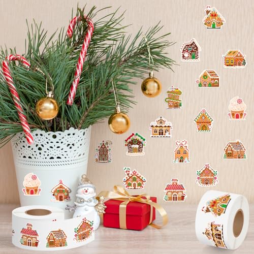 Haooryx Gingerbread House Sticker Rolls - 1000 Pcs Christmas Theme Gingerbread House Stickers with 16 Sweet Designs Fade-resistant Waterproof Gossy Decors for Festival Gift Party Supplies Water Bottle - style: Christmas Gingerbread House