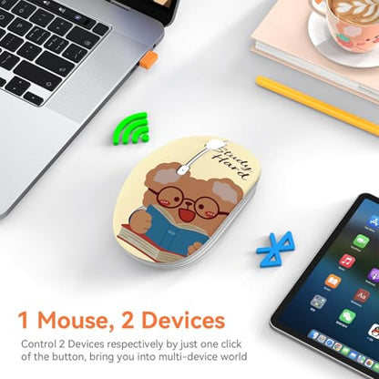 FMOUSE Cute Wireless Mouse, Bluetooth & 2.4GHz Dual Mode with USB Receiver, Silent Click, AA Battery Powered, for Students Kids Study School, Compatible with Laptop Mac iPad PC (Study Buddy Bear) - color: Study Buddy Bear