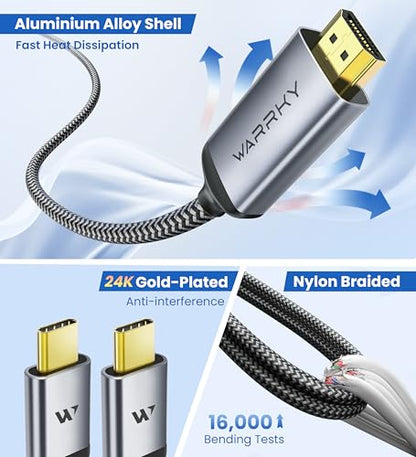 Warrky USB C to HDMI Cable 4K, 15ft [Braided, High Speed] Thunderbolt 3 to HDMI Adapter Compatible for New iPad, MacBook Pro/Air, iMac, Galaxy S20 S10 S9 S8, Surface, Dell, HP - size: 15FT, style: 1 Pack