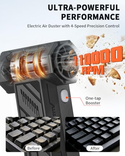 Compressed Air Duster, 110000RPM Super Power Electric Air Duster for PC Keyboard, 4-Speed Turbo Fan, Rechargeable Dust Air Blower for Electronics, Keyboard, Home & Outdoor Cleaning, Black - color: Wt009-black