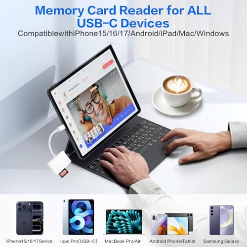 USB‑C SD Card Reader, Memory Card Adapter with SD/Micro SD/USB 3.0 Ports, TF Card Reader Compatible with iPhone 15/16, iPad, Mac, Android and USB C Devices, Digital Camera Adapter for iPhone