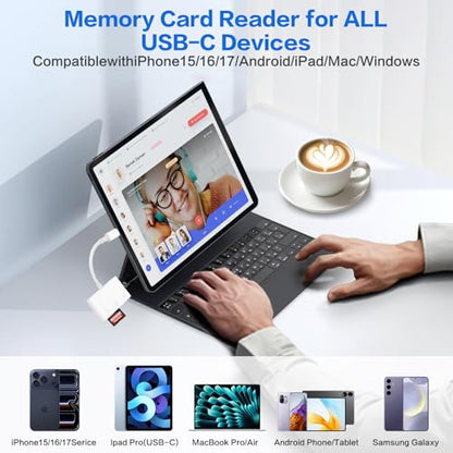 USB‑C SD Card Reader, Memory Card Adapter with SD/Micro SD/USB 3.0 Ports, TF Card Reader Compatible with iPhone 15/16, iPad, Mac, Android and USB C Devices, Digital Camera Adapter for iPhone