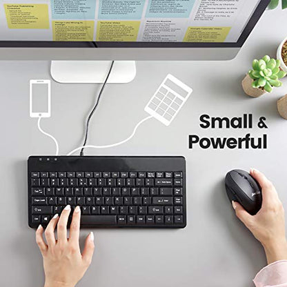 Perixx PERIBOARD-409H Wired USB Mini Keyboard with 2 USB Hubs, Black, US English Layout - style: USB with Hubs