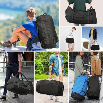 Vomgomfom 86L Collapsible Wheeled Duffle Bag Waterproof, Black | Detachable Backpack Straps, Padded Laptop Sleeve, Quilted Reinforced Base, U-Shape Mesh Pocket, Shoe Compartment - color: Black