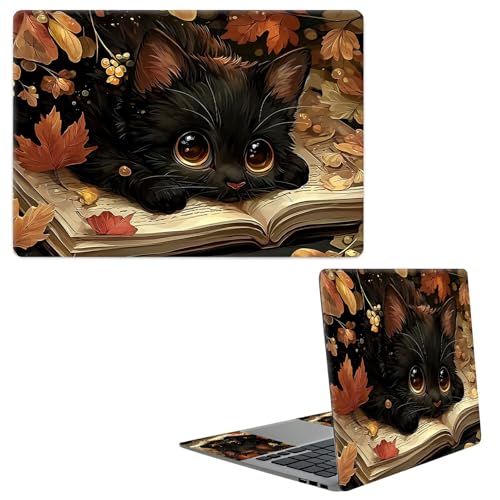 Laptop Skin Sticker Decal, Universal Protective Cover Fit 12 13 14 15.6 Inch Notebook, Reusable Water-Resistant Vinyl Decal w/ 2 Wrist Pads for Business Travel Office, Black Cat Maple Leaf - color: Black Cat Maple Leaf