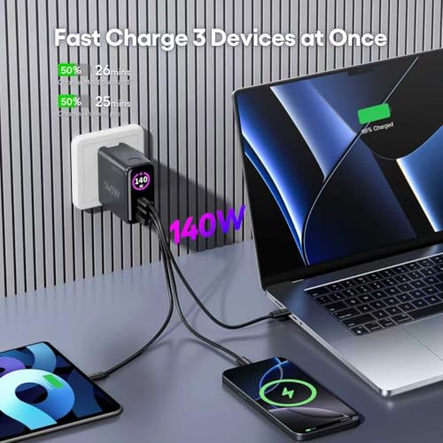 GaN Dual 140W USB C PD 3.1 Wall Charger with LED Display - PPS 100W 65W 45W 25W Type-C Laptop Power Adapter and Cable - Fit for MacBook Pro iPhone 17 16 15 iPad Galaxy S25 S24 Pixel - ETL