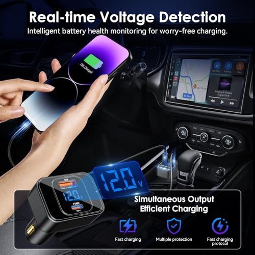 Fast Car Charger for iPhone 17 Sumsung Fast Charging Cigarette Lighter Adapter Accessories, Multi Device Family Travel Road Trip Essentials, 170W USB C 12V-24V 140W PD3.1, LED Display