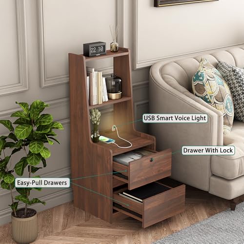 Modern Smart Nightstand with Night Light & Charging Station, Night Stand with Bookshelf, Lockable Bedside Cabinet Tables with 2 Storage Drawers for Bedroom Home Office - color: Wood