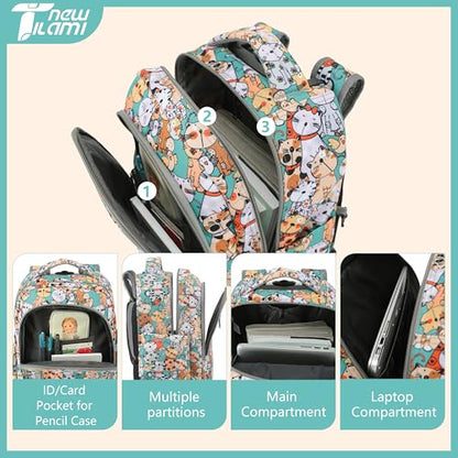 NEW TILAMI 18 Inch Rolling Backpack with Lunch Bag for Girls Boys School | 6-Wheel Stair-Climbing Girls Boys Carry-on Suitcase Water-Resistant Adjustable Trolley Handle Wheels School Travel Camping - color: Cats Cute