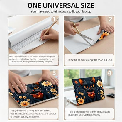 Black Cat with Heart Collar Floral Universal Laptop Skin Sticker 3PCS,Protective Decal Trim-to-Fit 11.6" 13.3" 14" 15.6" Laptop Vinyl Cover,Removable Anti-Scratch Computer Decal Protector - color: Black Cat with Heart Collar Floral