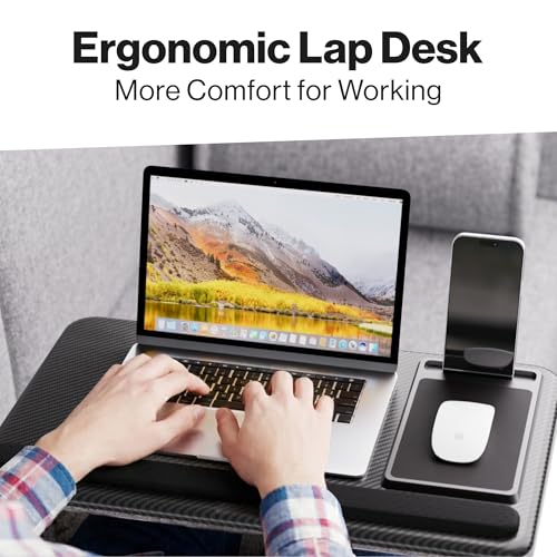 Portable Lap Desk Wood Laptop Tray with Cushion, Lightweight Laptop Stand for Bed Lap Tray with Built-in Mouse Pad, Wrist Rest, Phone Slot, Lap Stand for Sofa and Bed
